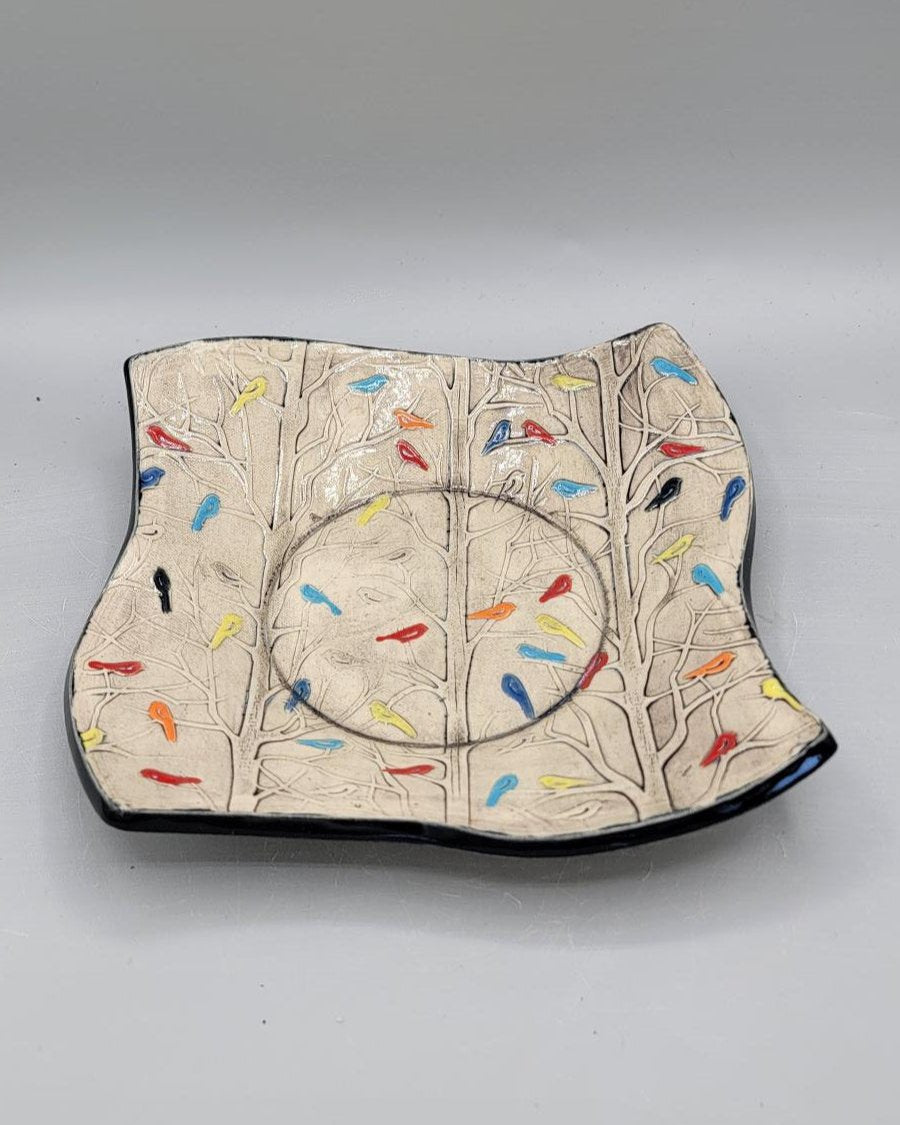 8 inch Hand Painted Multi Color Birds in the Forest Fancy Square Trinket Dish