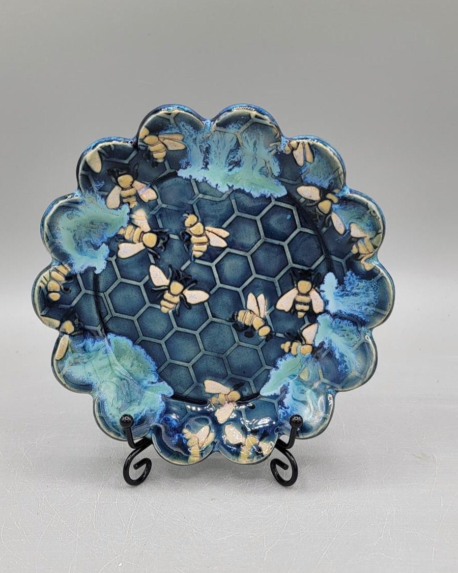 6 inch Hand Painted Embossed Bees & Honey Comb Fancy Circle Trinket Dish in Caribbean Blue