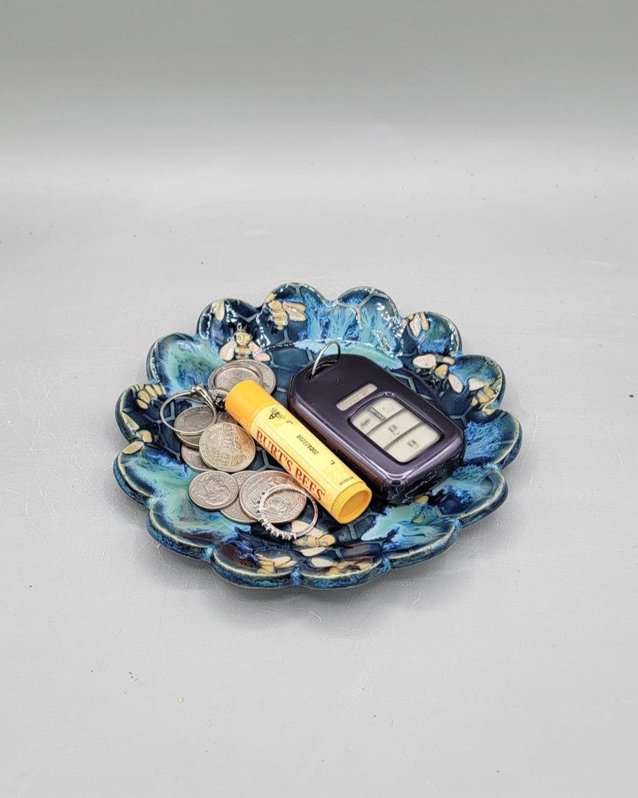6 inch Hand Painted Embossed Bees & Honey Comb Fancy Circle Trinket Dish in Caribbean Blue