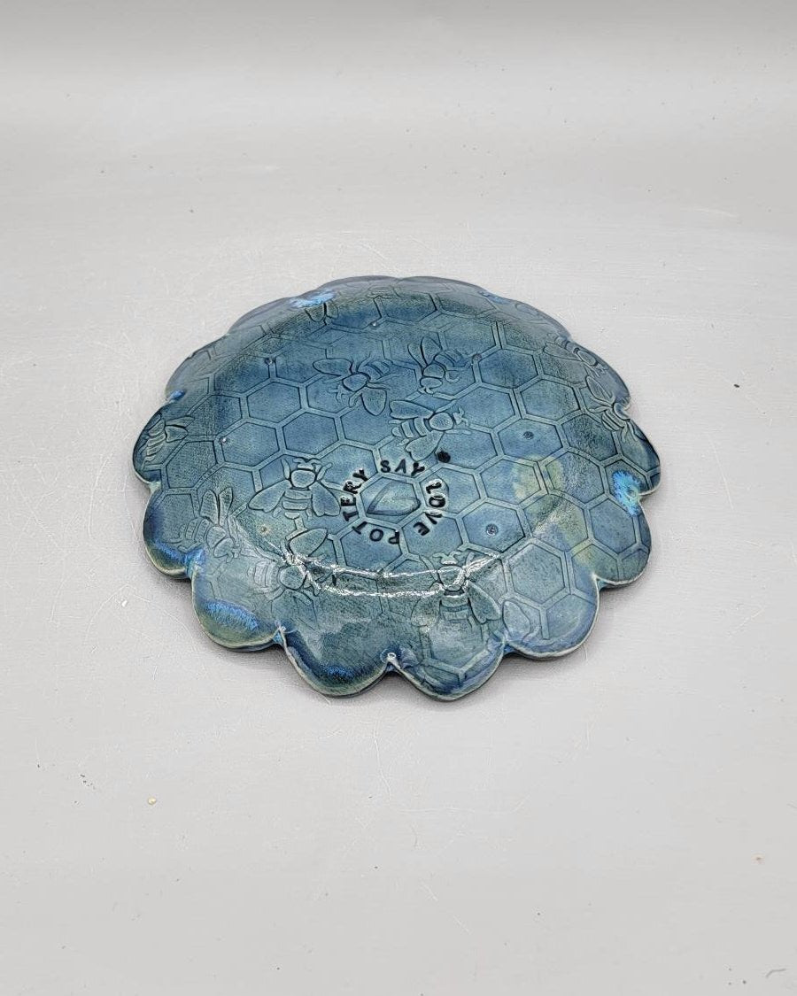 6 inch Hand Painted Embossed Bees & Honey Comb Fancy Circle Trinket Dish in Caribbean Blue