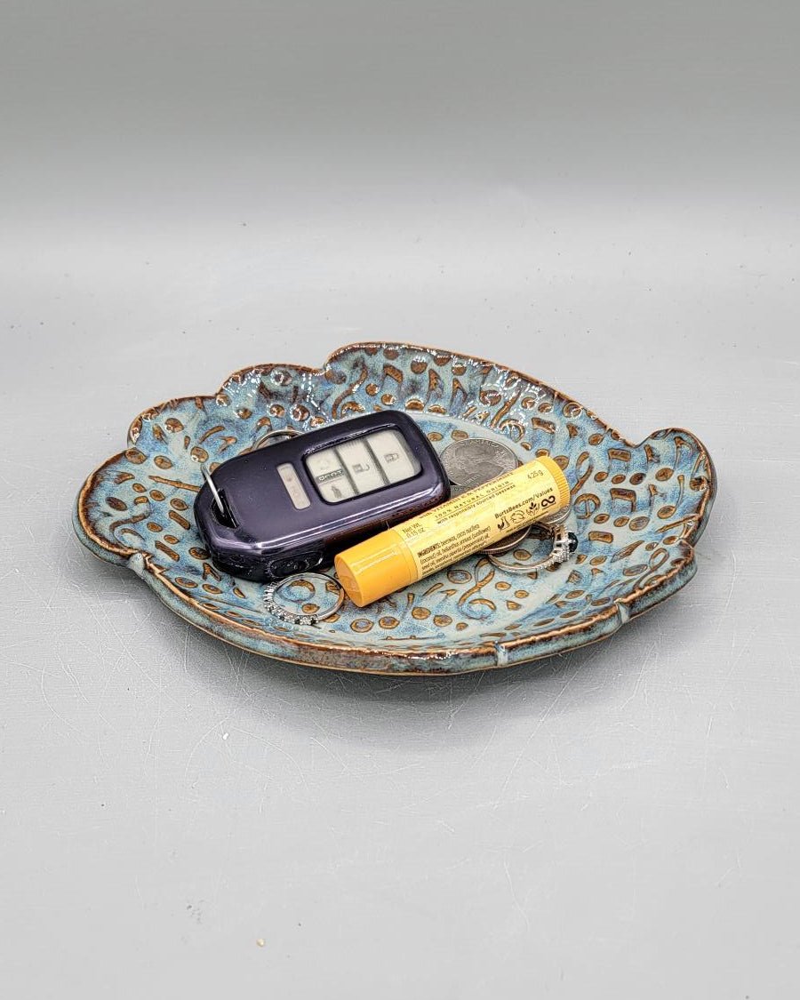 7 inch Embossed Music Notes Island Shaped Trinket Dish in Floating Blue