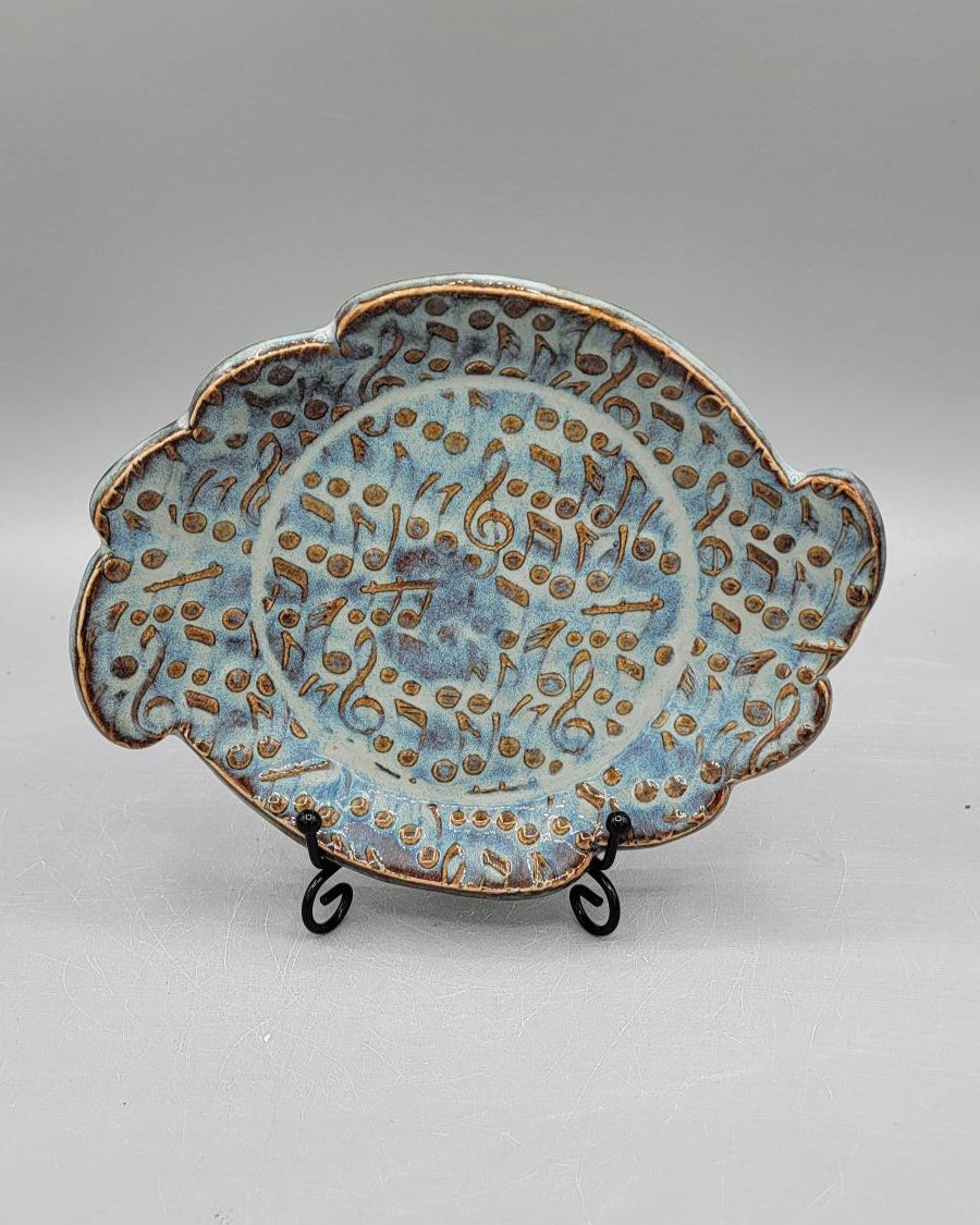 7 inch Embossed Music Notes Island Shaped Trinket Dish in Floating Blue