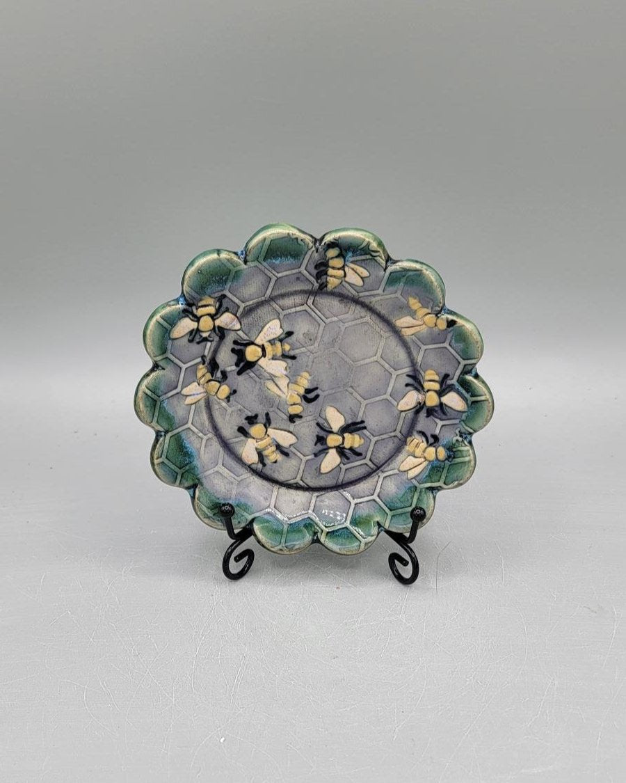 6 inch Hand Painted Embossed Bees & Honeycombs Scalloped Circle Trinket Dish in Alice Dream