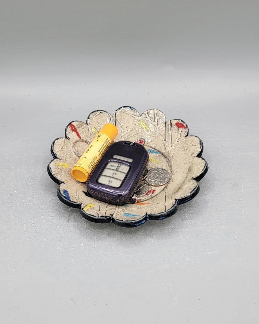 6 inch Hand Painted Embossed Multi Color Birds in Forest Scalloped Circle Trinket Dish