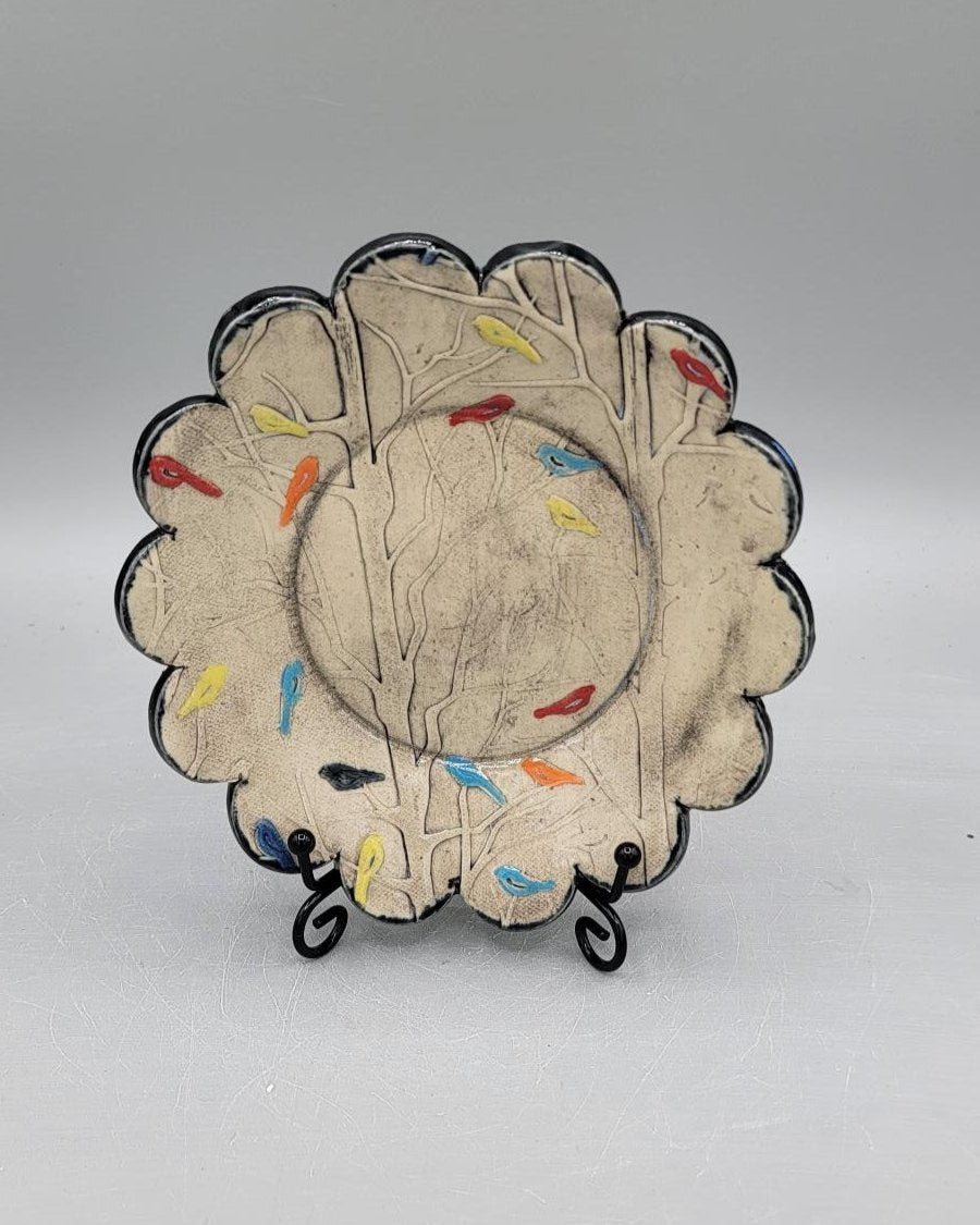 6 inch Hand Painted Embossed Multi Color Birds in Forest Scalloped Circle Trinket Dish