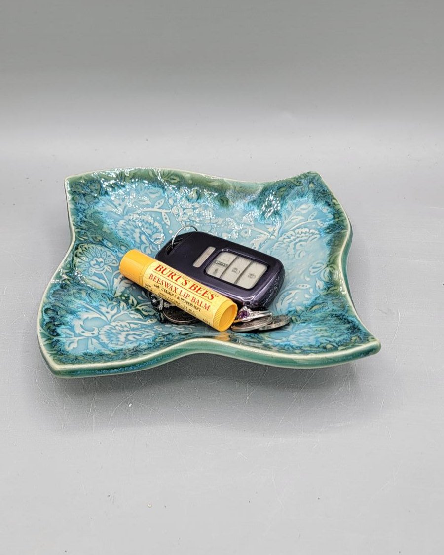 7 inch Embossed Dandelion Fluff Curvy Square Trinket Dish in Lost in A Lagoon