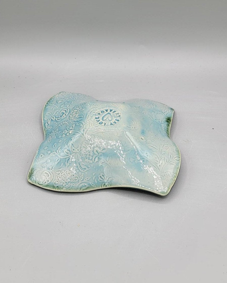 7 inch Embossed Dandelion Fluff Curvy Square Trinket Dish in Lost in A Lagoon
