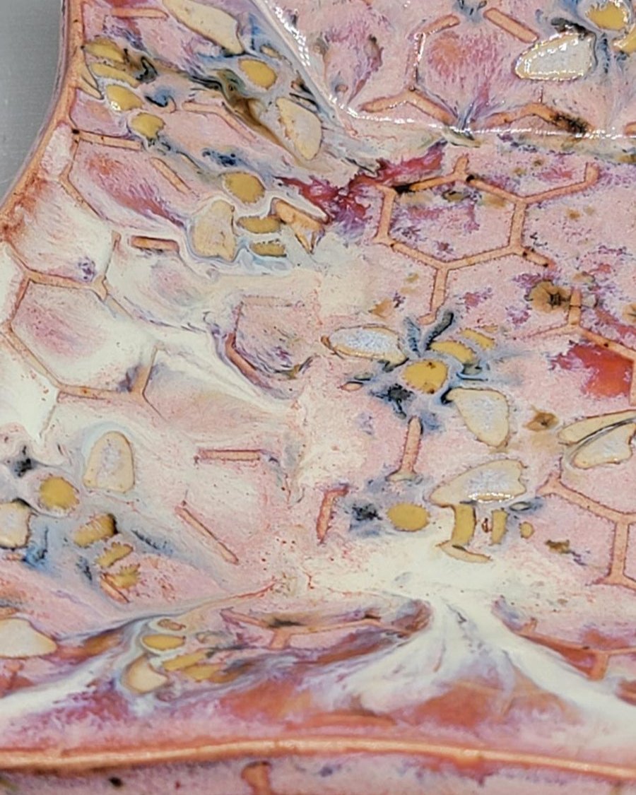 7 inch Hand Painted Bees & Honeycomb Fancy Square Trinket Dish in Pink-a-licious