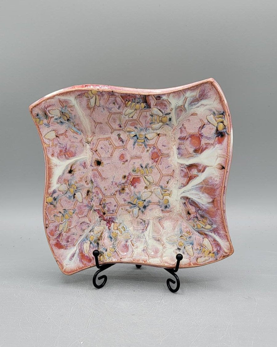 7 inch Hand Painted Bees & Honeycomb Fancy Square Trinket Dish in Pink-a-licious