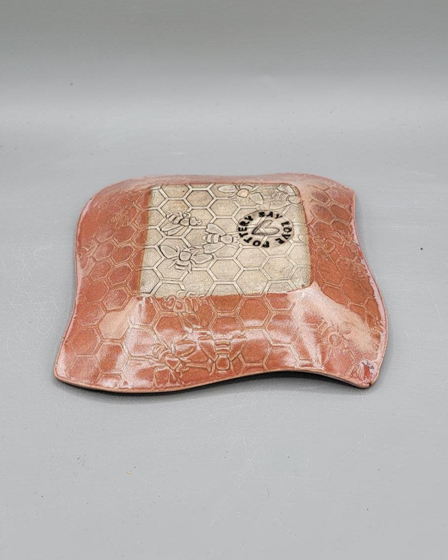 7 inch Hand Painted Bees & Honeycomb Fancy Square Trinket Dish in Pink-a-licious
