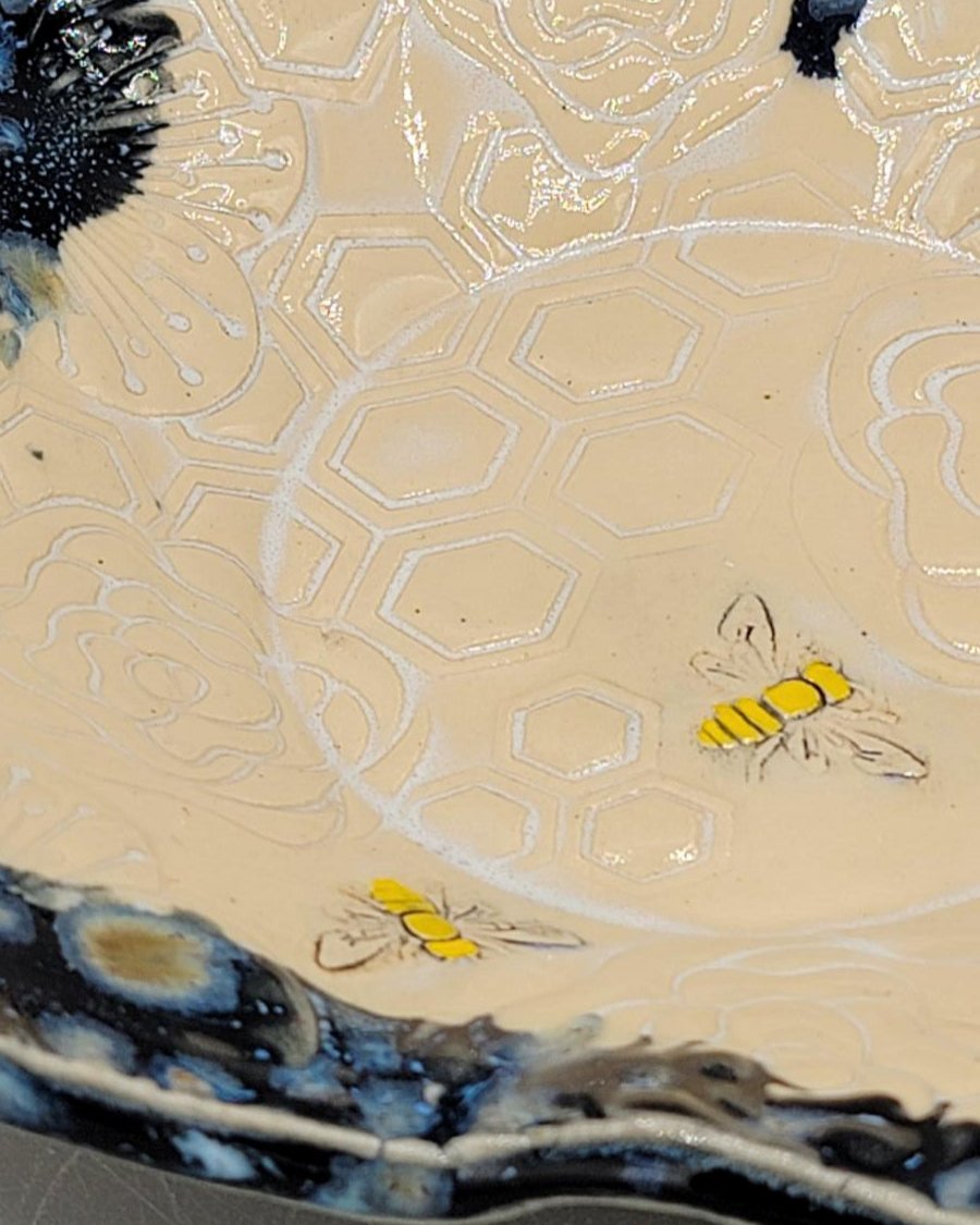 7 inch Embossed Flowers, Bees, & Honeycomb Fancy Square Trinket Dish in Milky Way