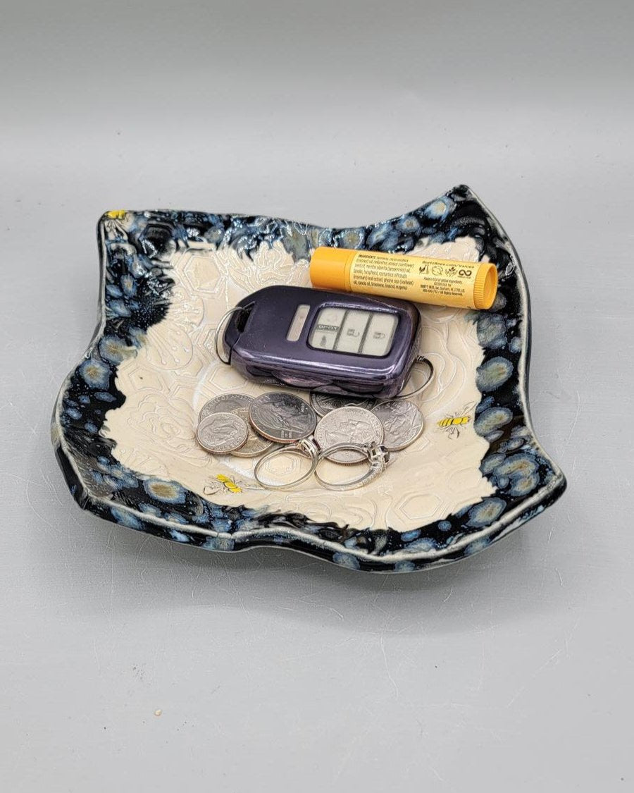 7 inch Embossed Flowers, Bees, & Honeycomb Fancy Square Trinket Dish in Milky Way