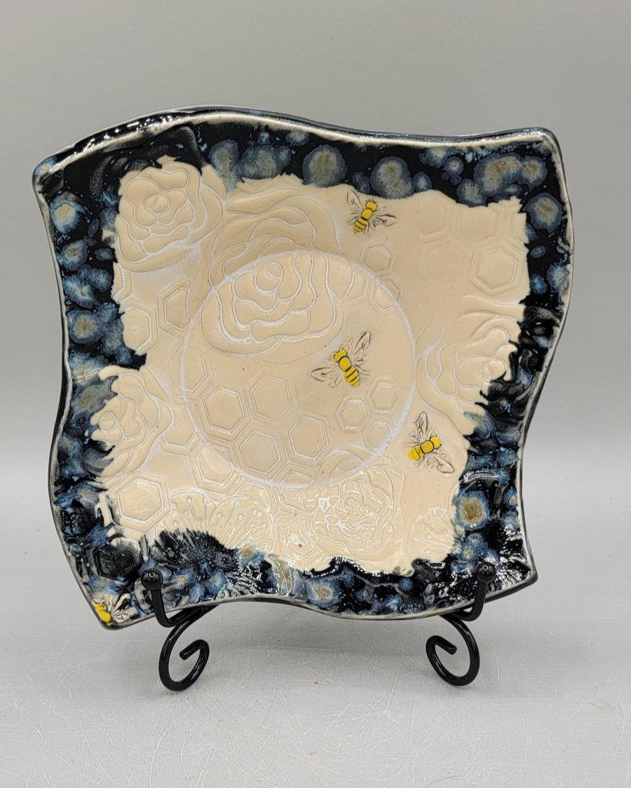 7 inch Embossed Flowers, Bees, & Honeycomb Fancy Square Trinket Dish in Milky Way