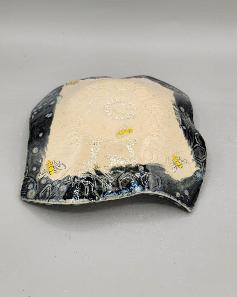 7 inch Embossed Flowers, Bees, & Honeycomb Fancy Square Trinket Dish in Milky Way
