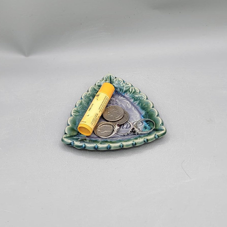 4 inch Say Love Embossed Peonies Scalloped Triangle Trinket Dish