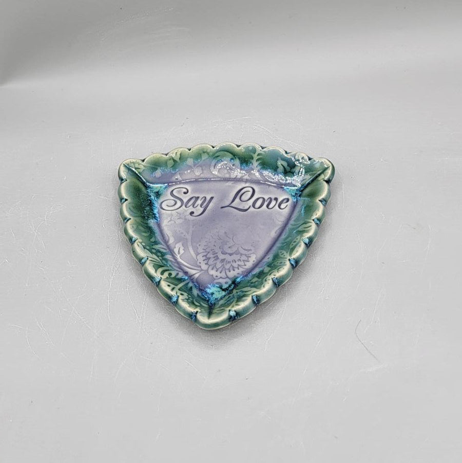 4 inch Say Love Embossed Peonies Scalloped Triangle Trinket Dish