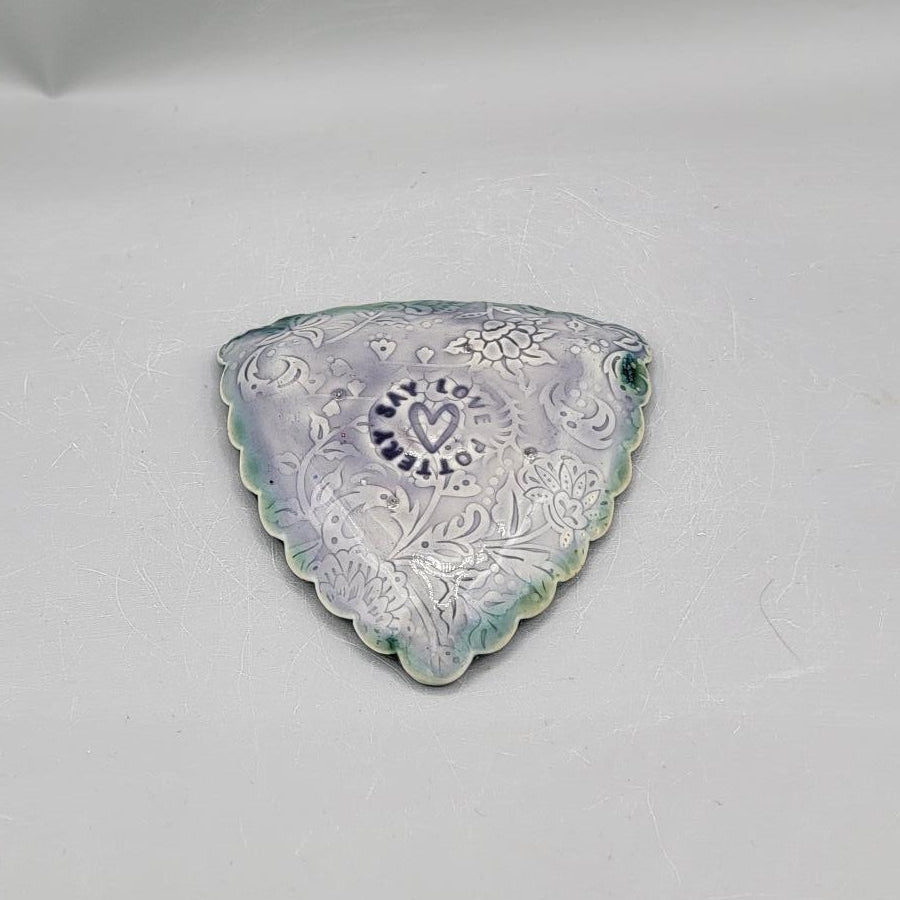 4 inch Say Love Embossed Peonies Scalloped Triangle Trinket Dish