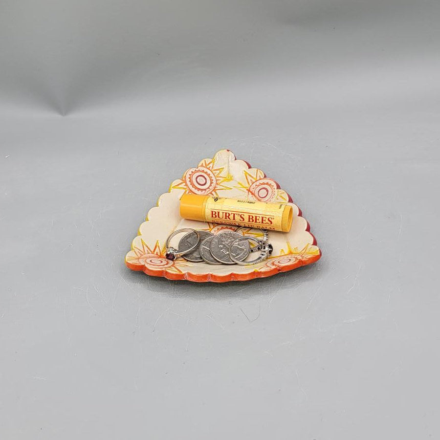 4 inch Hand Painted Suns Scalloped Triangle Trinket Dish With Rainbow Bottom