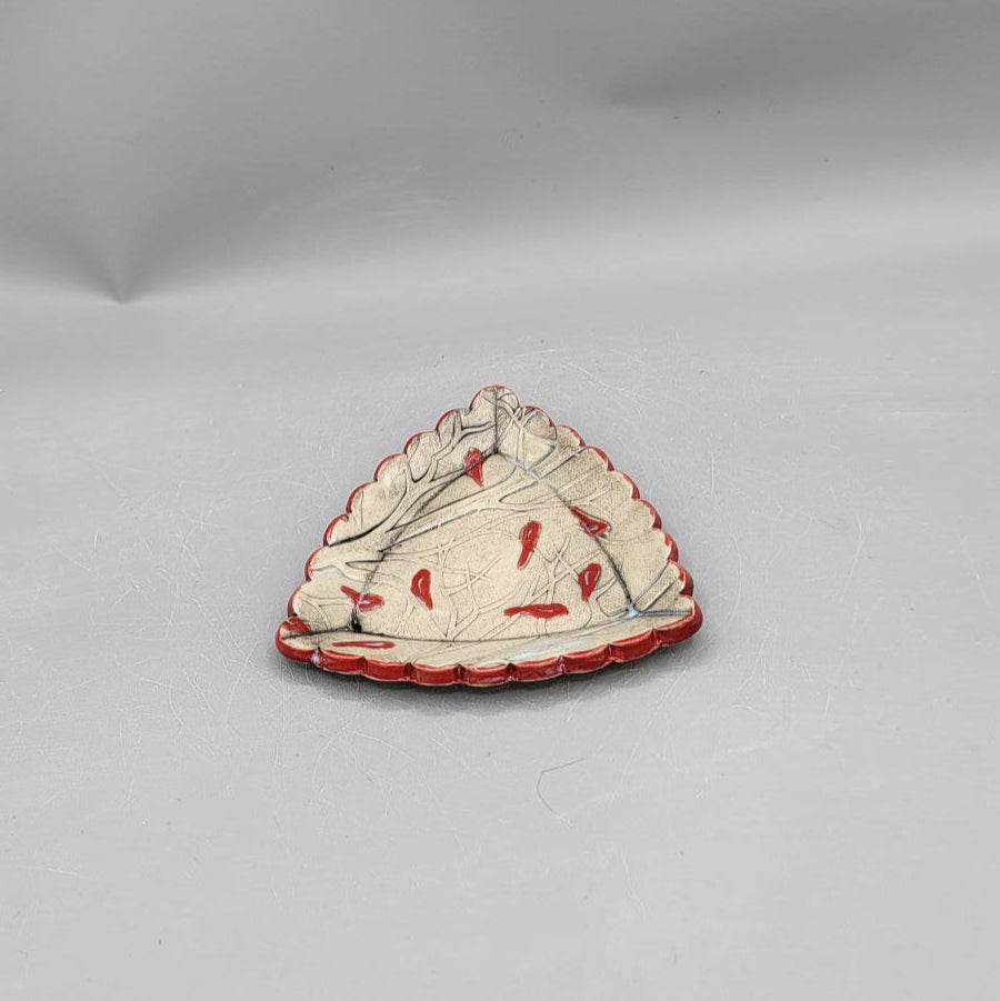 4 inch Hand Painted Cardinals in Forest Scalloped Triangle Trinket Dish