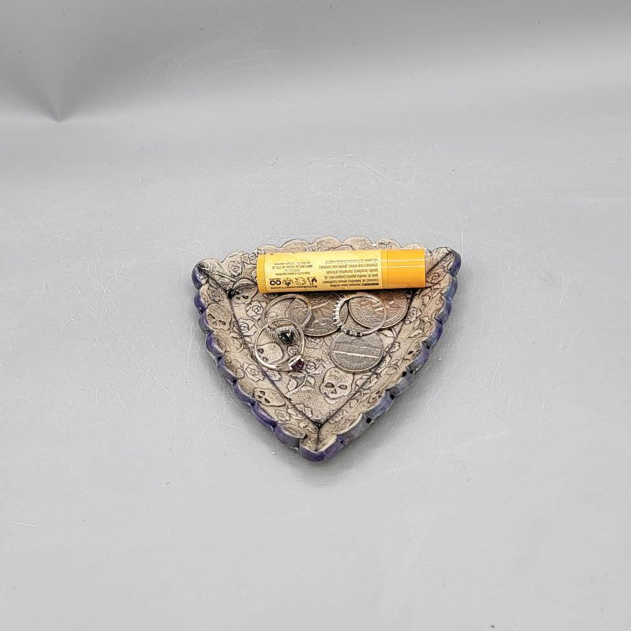 4 inch Embossed Skulls & Roses Scalloped Triangle Trinket Dish