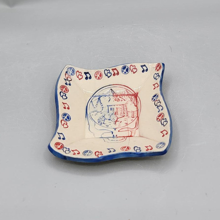 4 inch Imprinted Stealie, Peace, Music, Love Trippy Circles Fancy Square Trinket Dish with Detailed Glazing