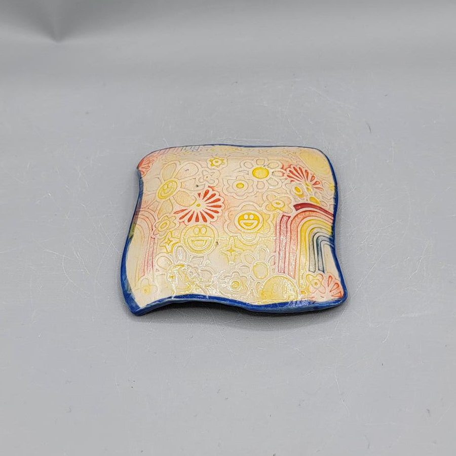 4 inch Imprinted Stealie, Peace, Music, Love Trippy Circles Fancy Square Trinket Dish with Detailed Glazing