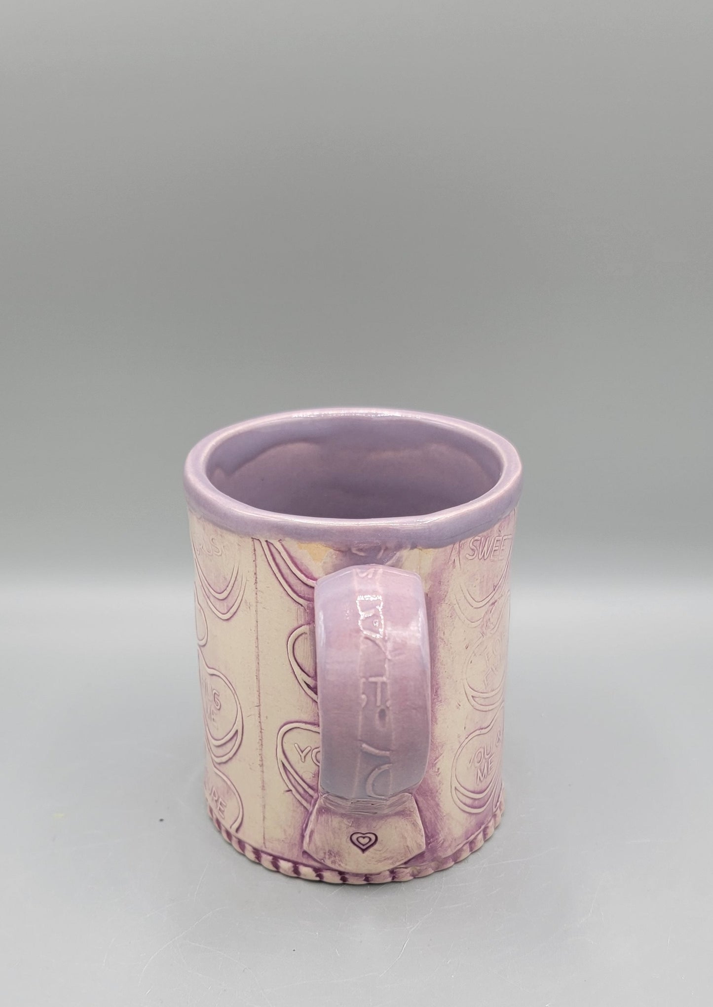 14-15oz Embossed Candy Song Hearts Ceramic Mug in Magenta Grape