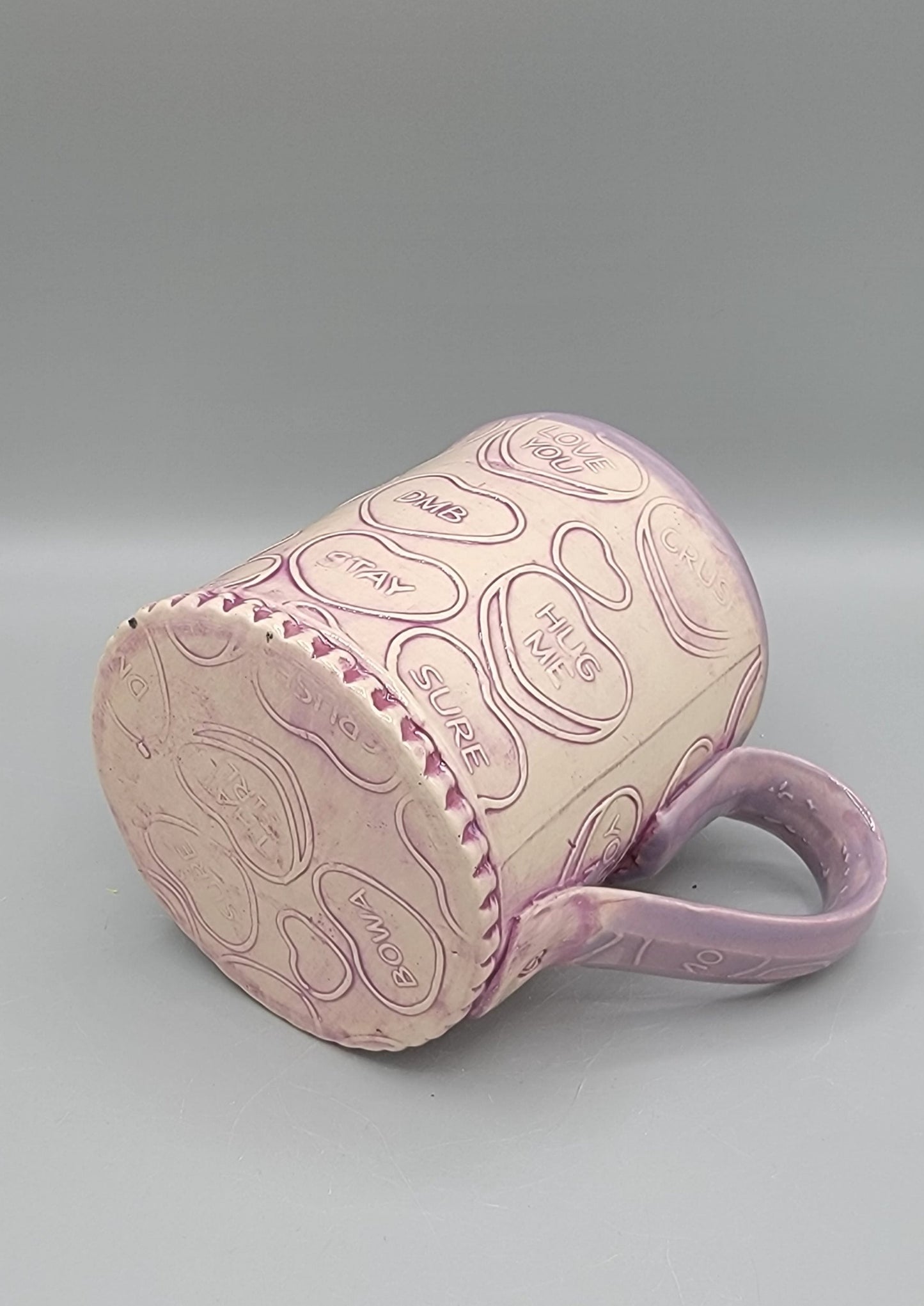 14-15oz Embossed Candy Song Hearts Ceramic Mug in Magenta Grape