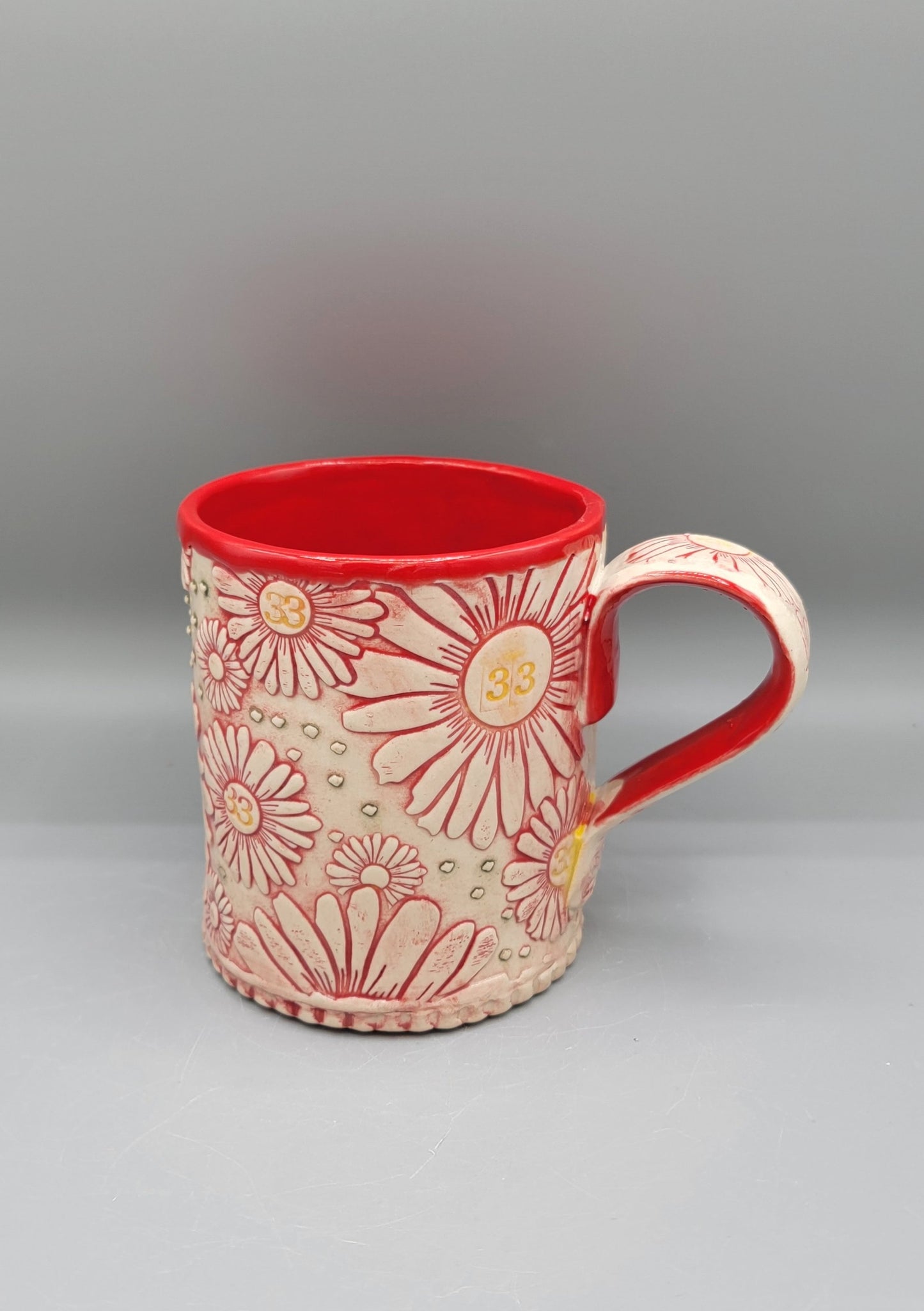 14-15oz Hand Painted, Embossed BMFS Red Daisies Ceramic Mug