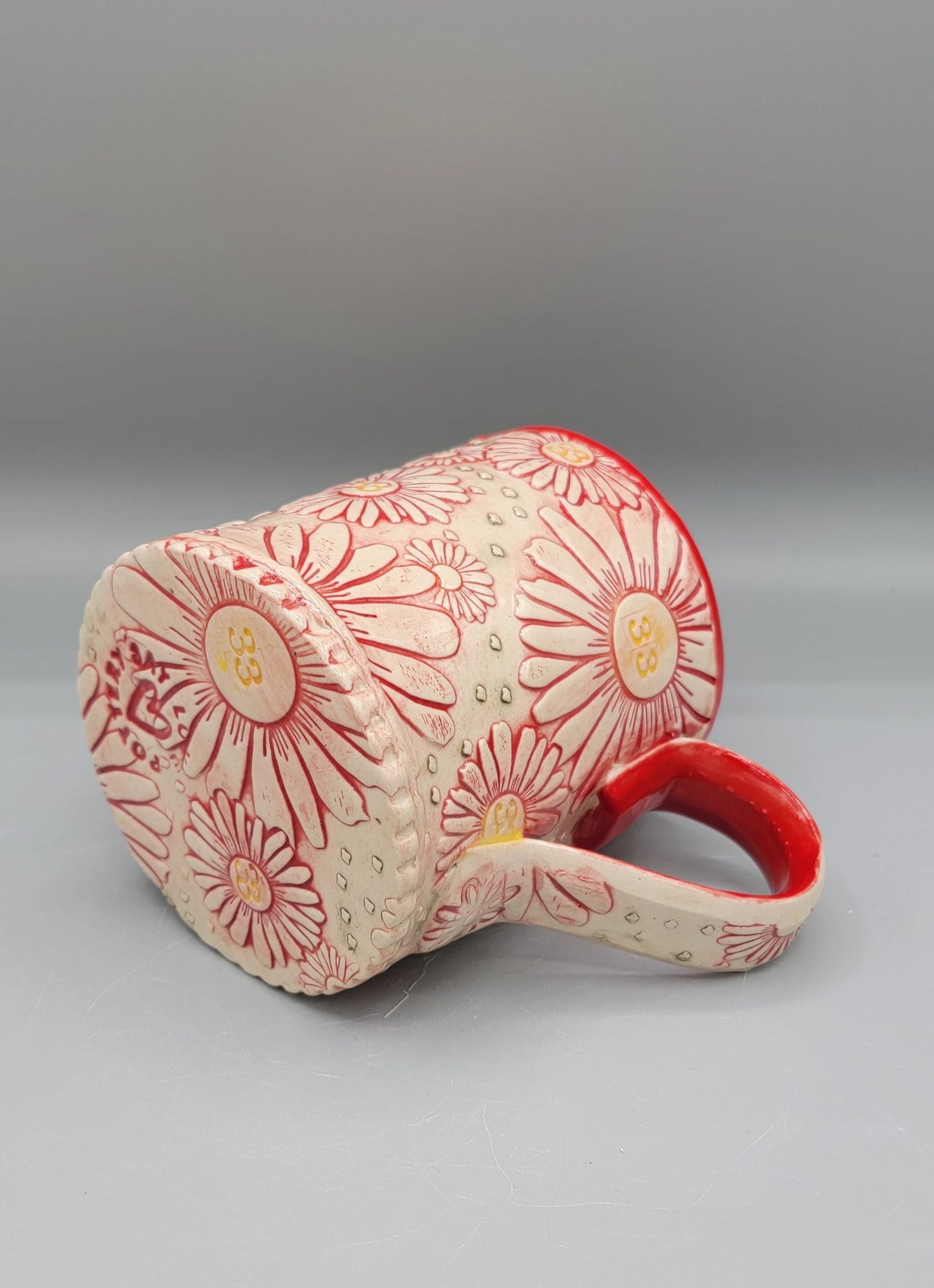 14-15oz Hand Painted, Embossed BMFS Red Daisies Ceramic Mug