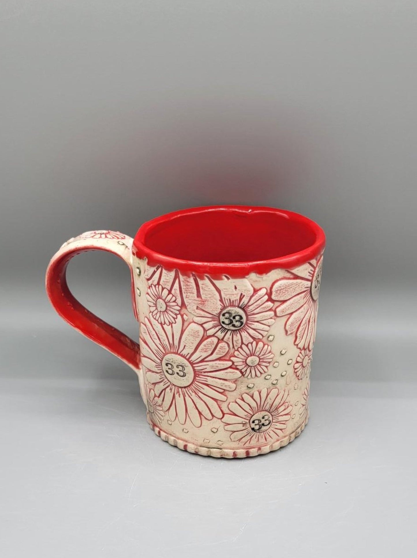 14-15oz Hand Painted, Embossed BMFS Red Daisies Ceramic Mug