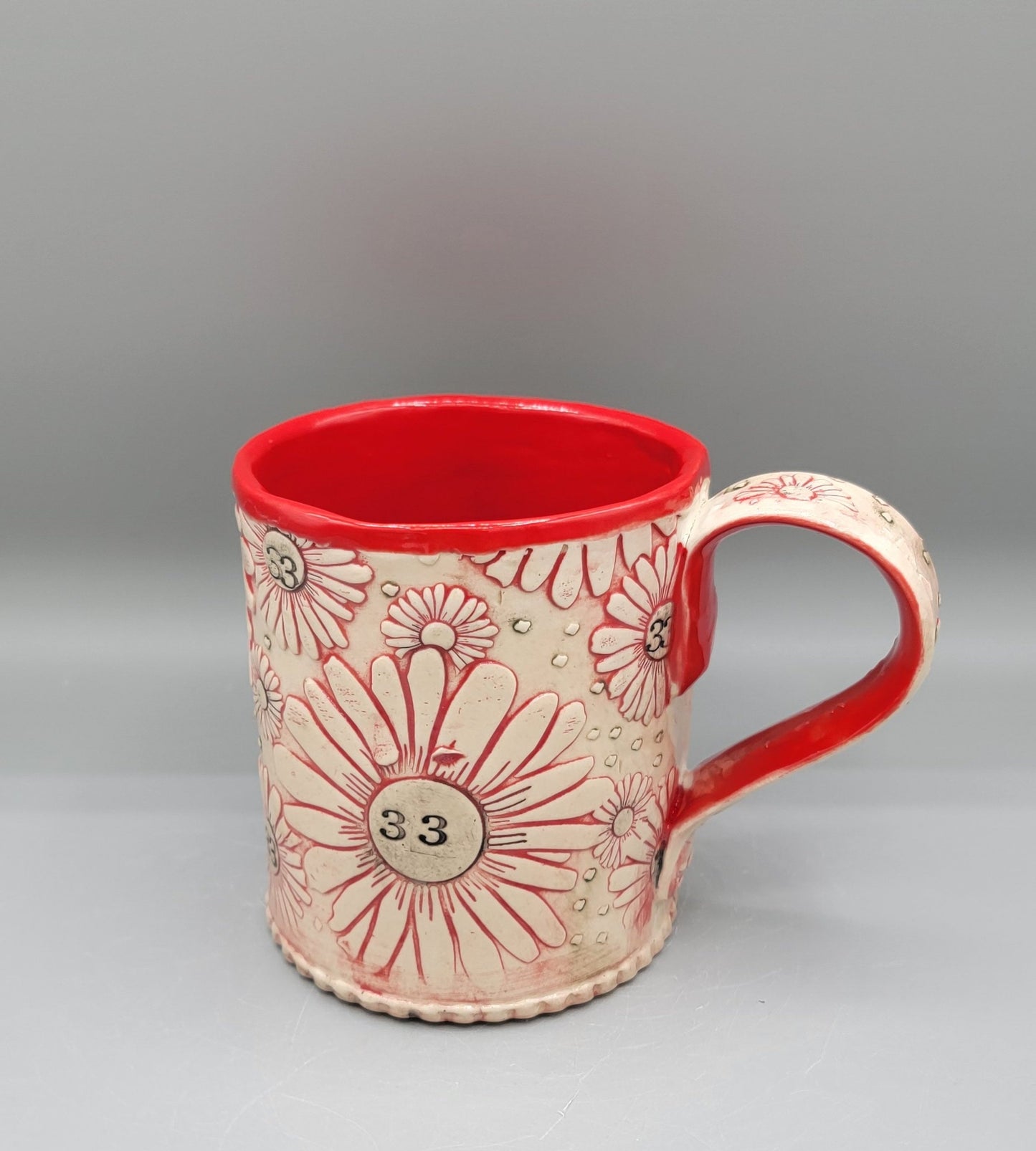 14-15oz Hand Painted, Embossed BMFS Red Daisies Ceramic Mug