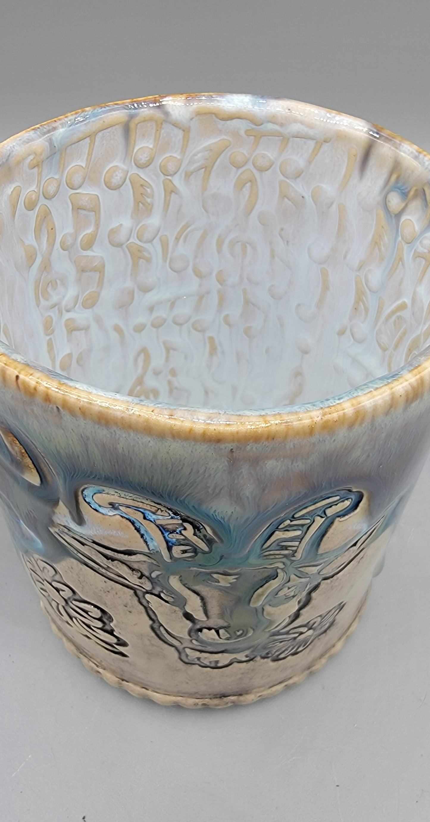 14-15oz Embossed BMFS Happy Goat Ceramic Mug in Touch of Gray With Music Notes on the Inside