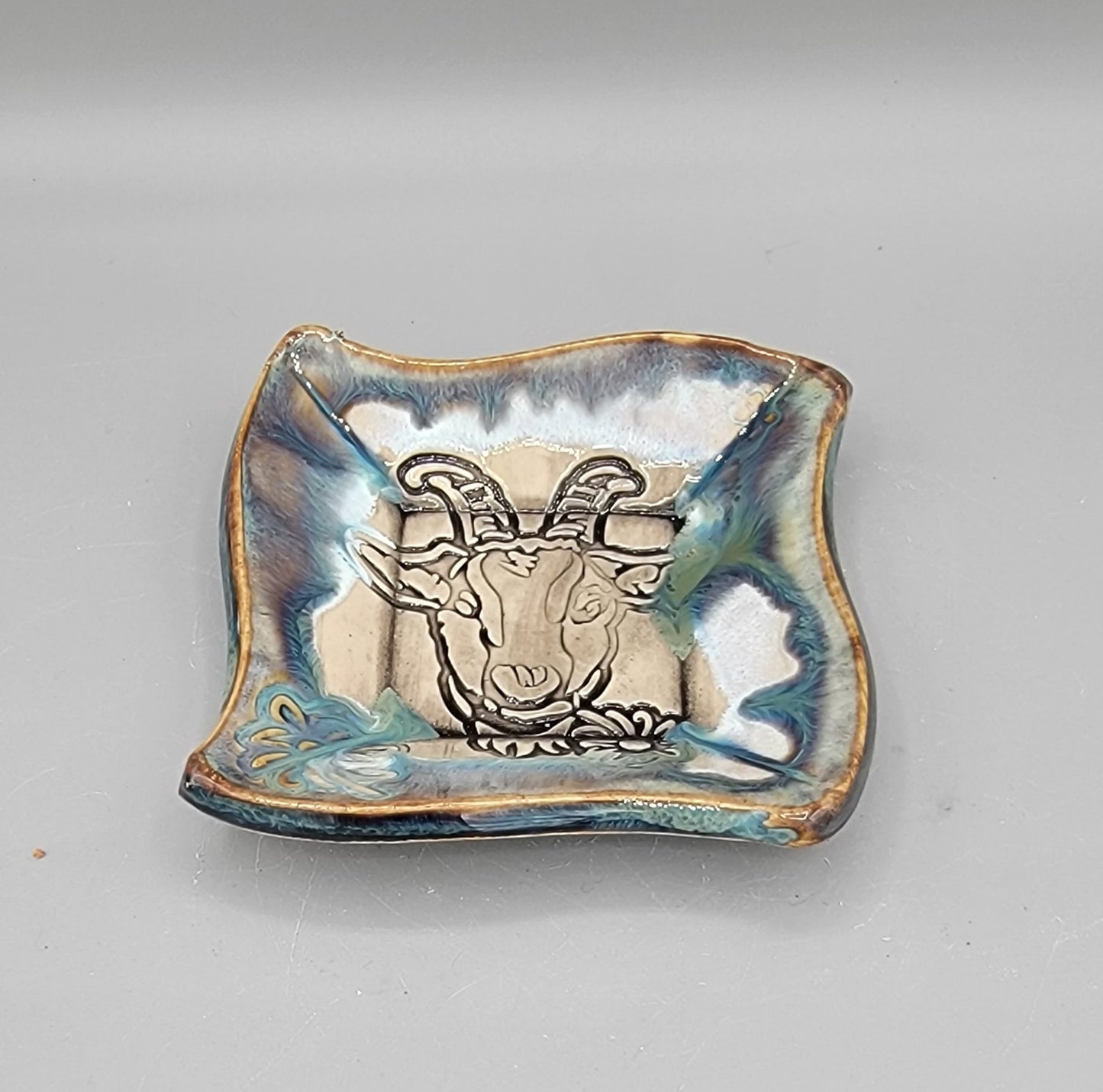 4 inch Imprinted BMFS Happy Goat Fancy Square Trinket Dish With Music Note Bottom