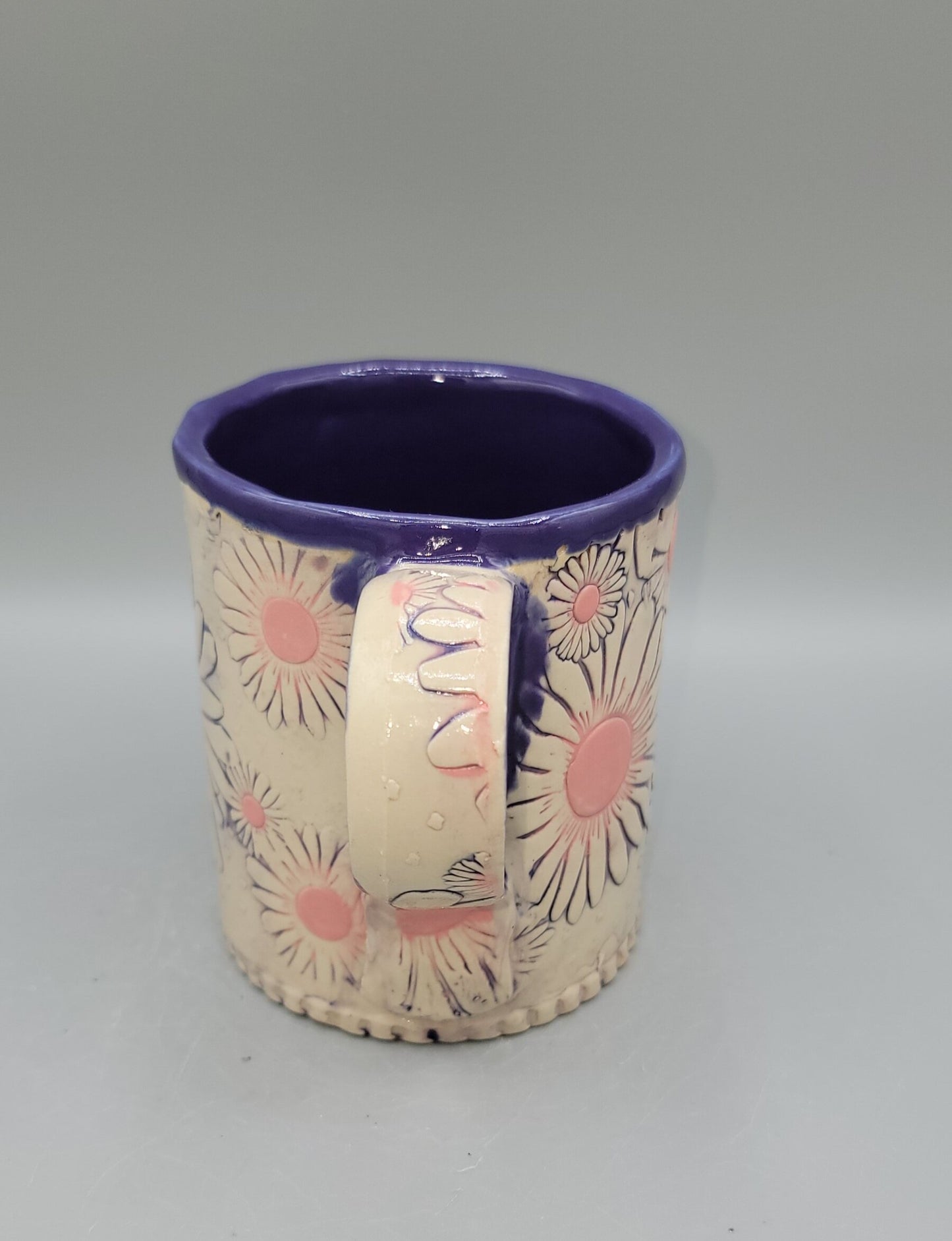 14-15oz Hand Painted, Embossed Purple Ombre Daisies Ceramic Mug