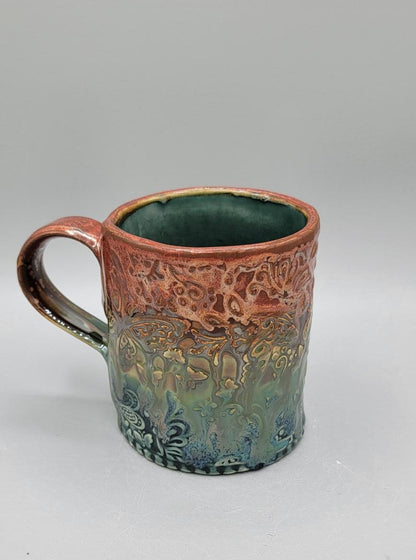 14-15 oz Embossed Butterflies Coffee Mug In Melting Copper to Blue Seas