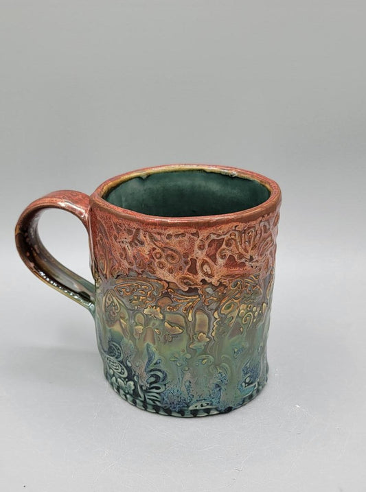 14-15 oz Embossed Butterflies Coffee Mug In Melting Copper to Blue Seas