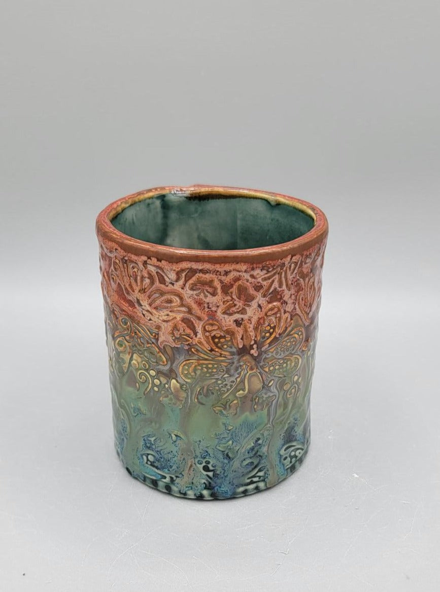 14-15 oz Embossed Butterflies Coffee Mug In Melting Copper to Blue Seas