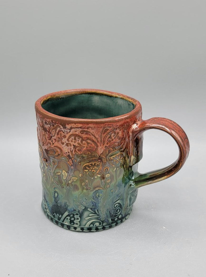 14-15 oz Embossed Butterflies Coffee Mug In Melting Copper to Blue Seas