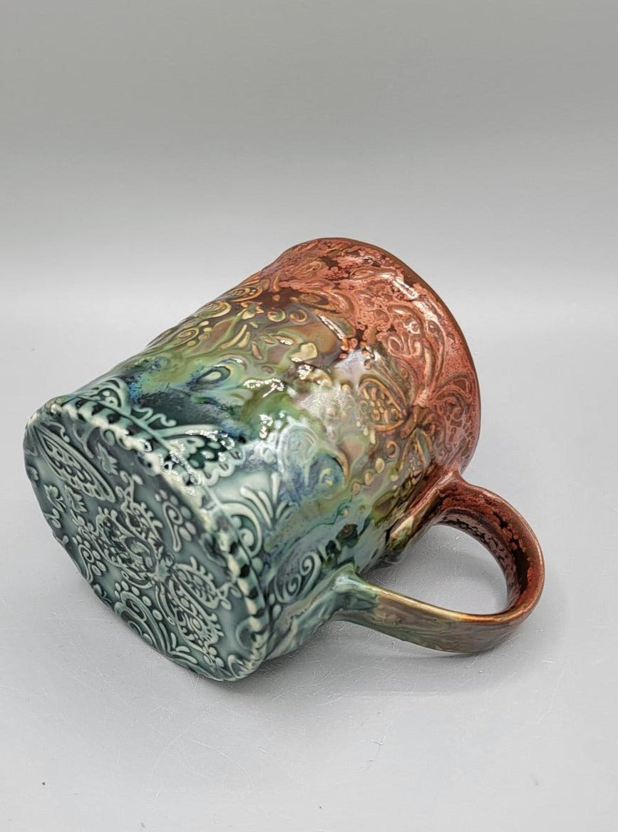 14-15 oz Embossed Butterflies Coffee Mug In Melting Copper to Blue Seas