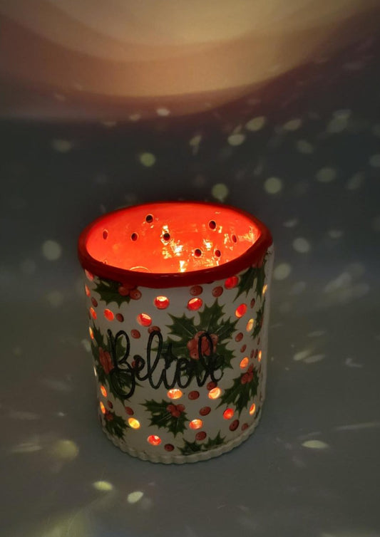 Hand Painted Believe & Holly Luminary