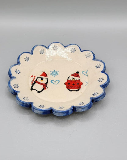 5 inch Imprinted Snowflakes and Penguins Scalloped Trinket Dish With Snowflakes Bottoms