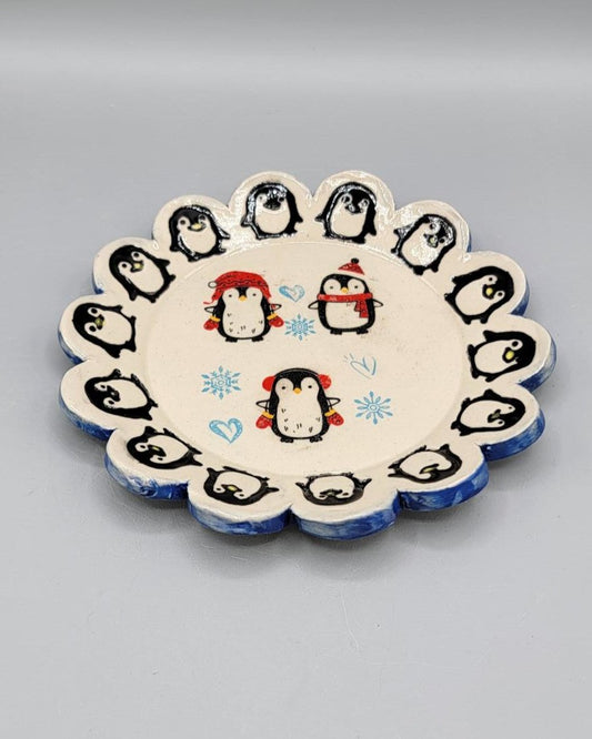 6 inch Imprinted Penguins & Snowflakes Scalloped Trinket Dish With Snowflakes Bottoms