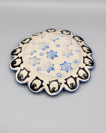 6 inch Imprinted Penguins & Snowflakes Scalloped Trinket Dish With Snowflakes Bottoms