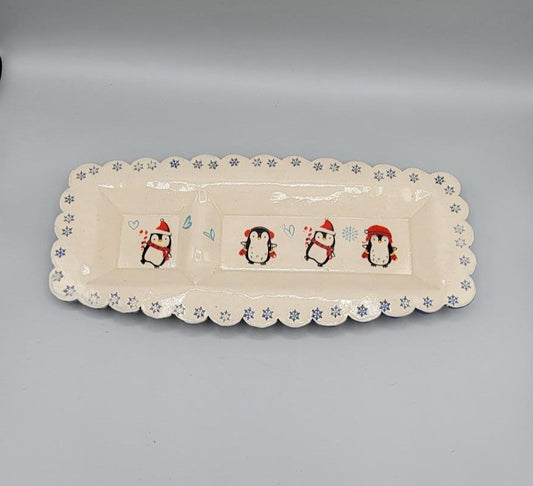 Large Hand Painted, Double Compartment Platter with Imprinted Snowflake Boarder and Penguins