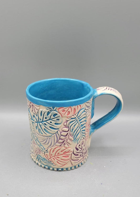 14-15 oz Hand Painted Embossed Monstera Mug
