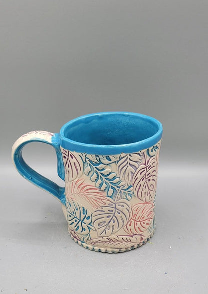 14-15 oz Hand Painted Embossed Monstera Mug