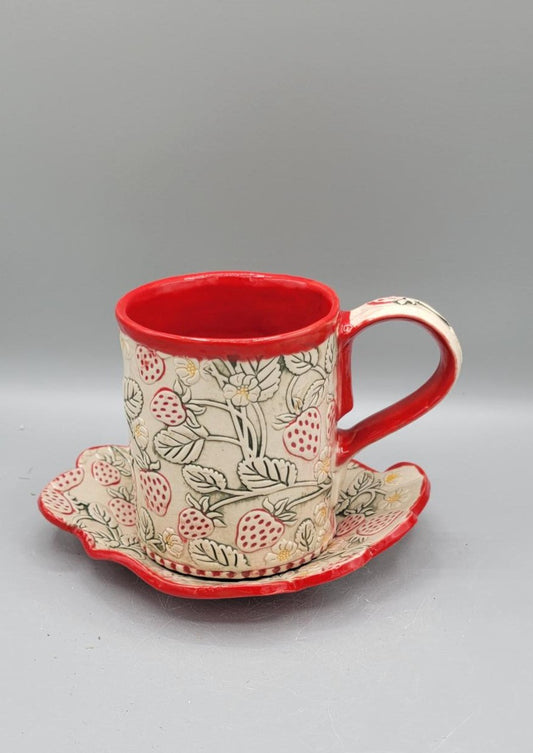 14-15oz Hand Painted, Embossed, Red Strawberries Ceramic Mug with matching saucer