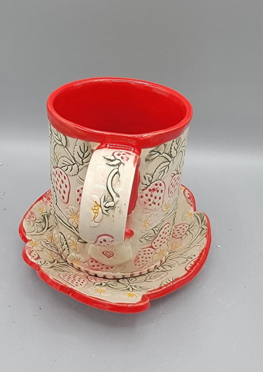 14-15oz Hand Painted, Embossed, Red Strawberries Ceramic Mug with matching saucer