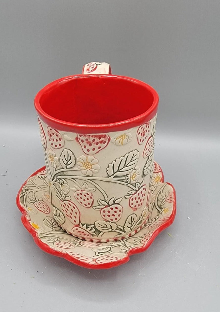 14-15oz Hand Painted, Embossed, Red Strawberries Ceramic Mug with matching saucer